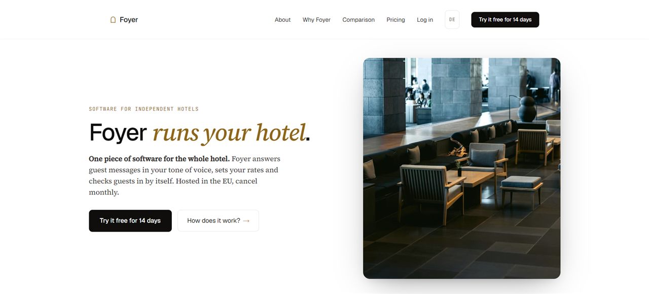 Startseite von Foyer, einer Hotelsoftware für unabhängige Hotels