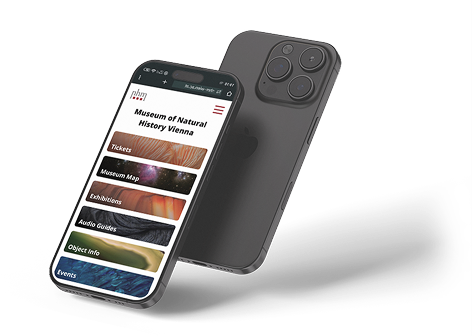 Phone mockup showing the Natural History Museum Vienna mobile website home screen with navigation menu