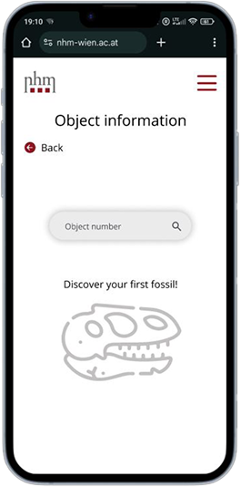 Object information screen with artefact search and detail view