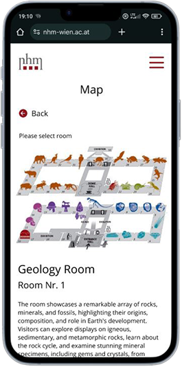 Interactive museum map with room labels and location markers
