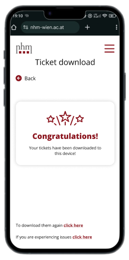 Ticket download confirmation screen