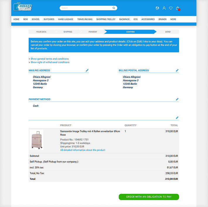 Kofferwelt order confirmation page screenshot with annotations