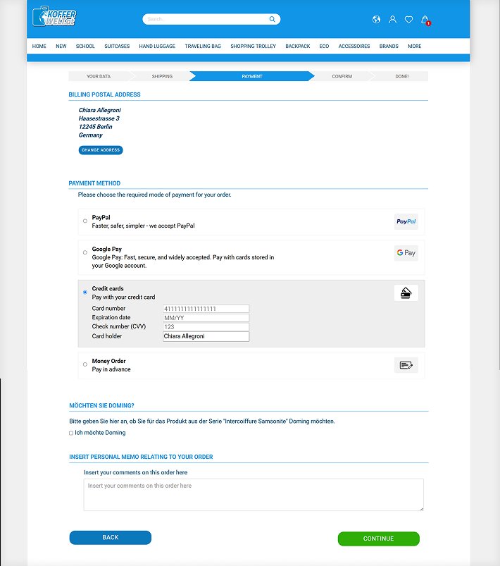 Kofferwelt payment page screenshot with annotations