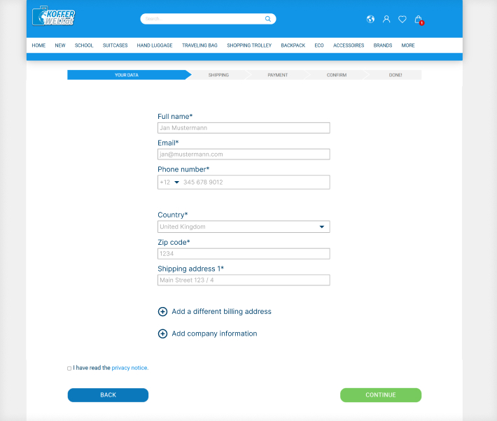 Kofferwelt address input page redesign