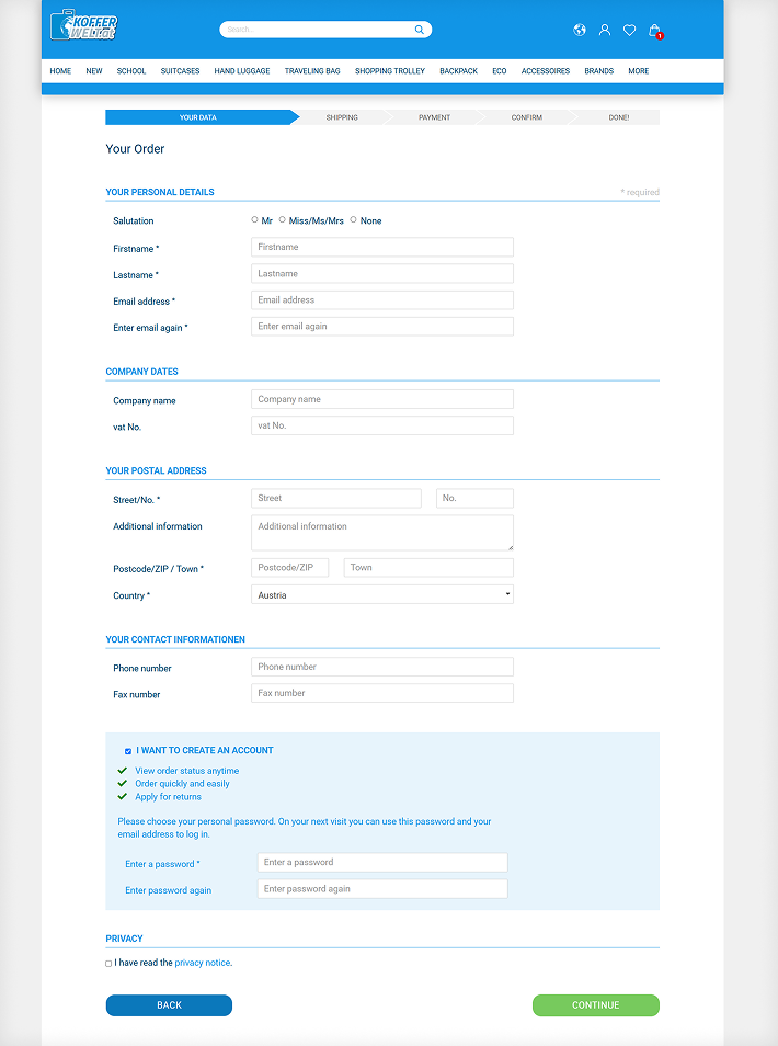 Kofferwelt user data input page screenshot